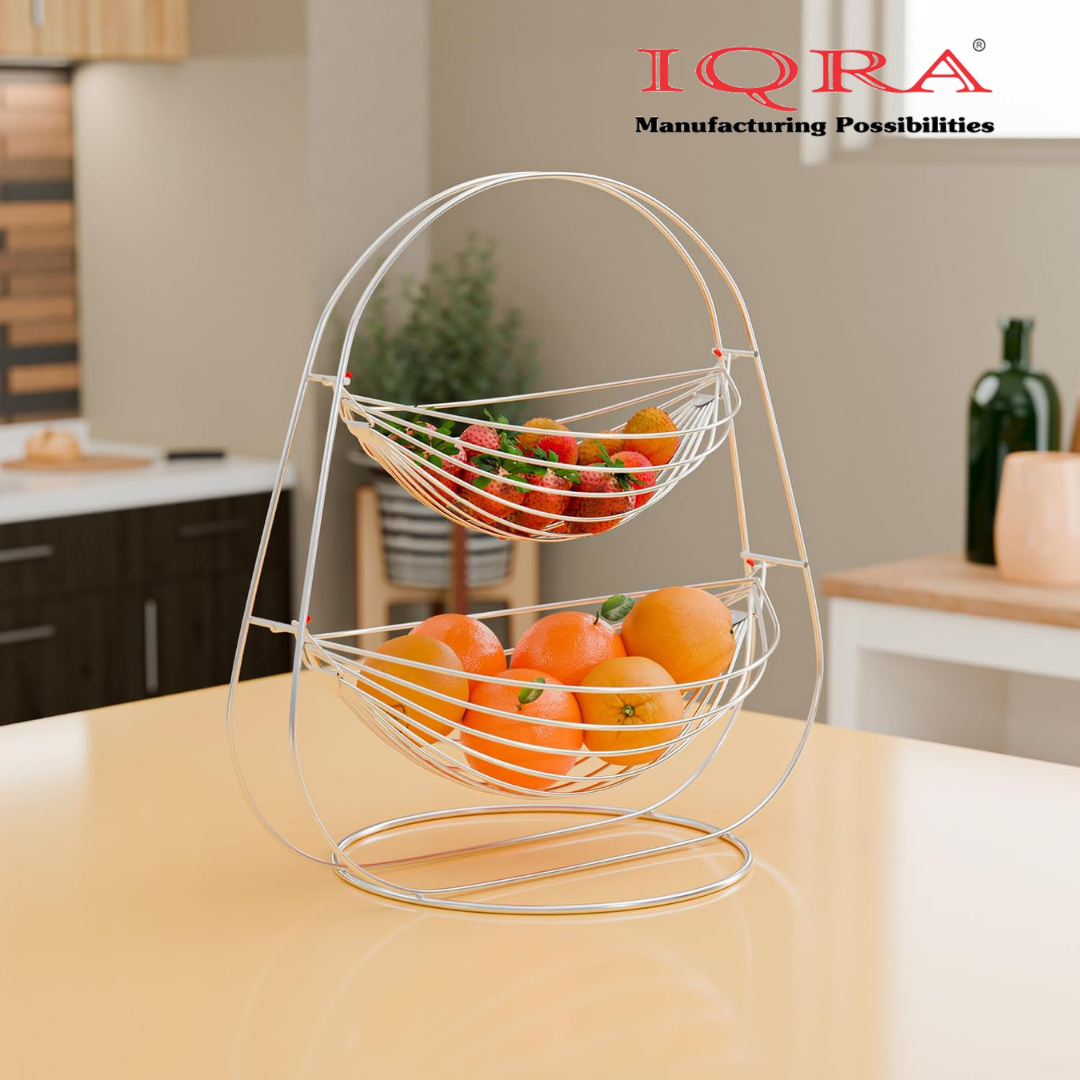 IQRA Stainless Steel 2 Tier Oval Swing Fruit and Vegetable Basket | Countertop Onion Potato Rack for Kitchen/Pantry | Fruit Basket for Dining Table | Vegetable Storage Stand | Silver