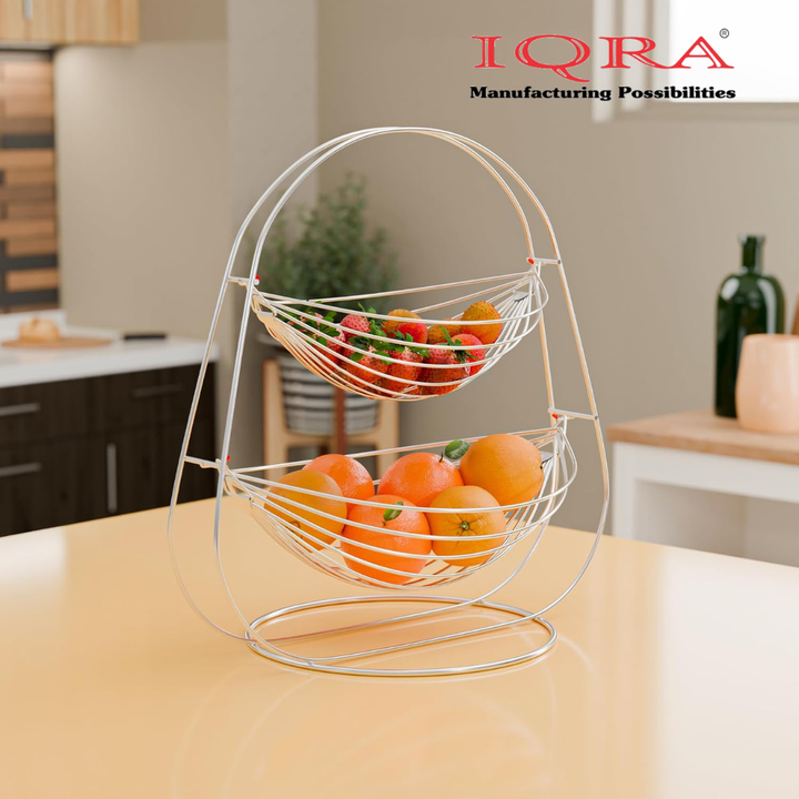 IQRA Stainless Steel 2 Tier Oval Swing Fruit and Vegetable Basket | Countertop Onion Potato Rack for Kitchen/Pantry | Fruit Basket for Dining Table | Vegetable Storage Stand | Silver