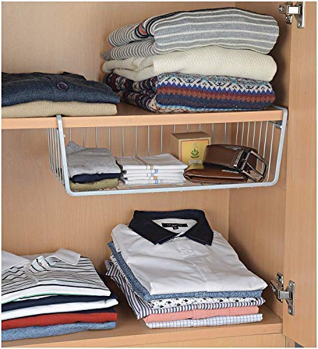 Metal Under Shelf Basket Wire Rack for Extra Cabinet Storage 15.5-inch (White 1pcs),  Hanging Shelves