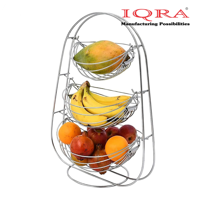IQRA Stainless Steel 2 Tier Oval Swing Fruit and Vegetable Basket | Countertop Onion Potato Rack for Kitchen/Pantry | Fruit Basket for Dining Table | Vegetable Storage Stand | Silver