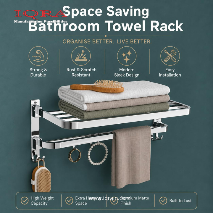 IQRA Stainless Steel Bathroom Accessories Set - Wall Mounted Towel Rod and Hangers for Clothes and Wash Basin