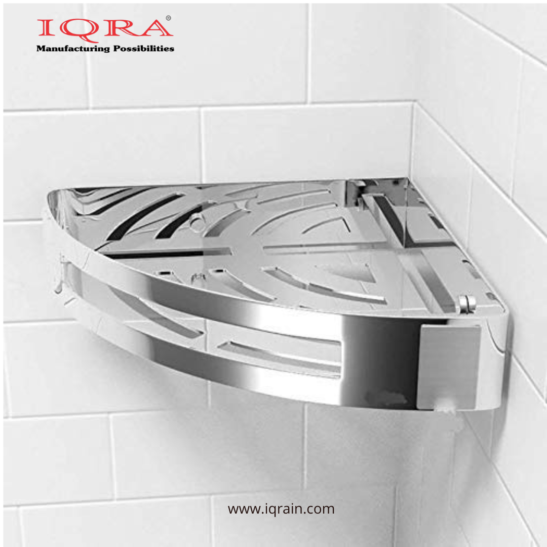IQRA self Adhesive 304 Grade Bathroom Corner Shelf (Stainless Steel),Rack,Corner Organizer Stand, Storage Rack,No Drill/Drill (Both Installation,with 2 Magic Sticker and Screw Set) Pack of 1 (Chrome)