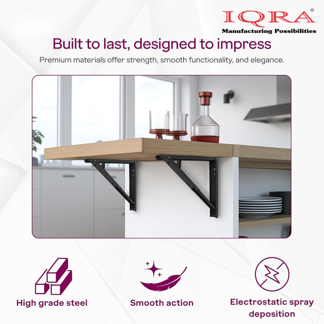 IQRA Wall Mount Folding Table/Shelf Brackets (100kg Capacity, 2 Units) ||Steel Fold-Down Bracket for Wall Mounted Tables, Desk with 1 Year Warranty