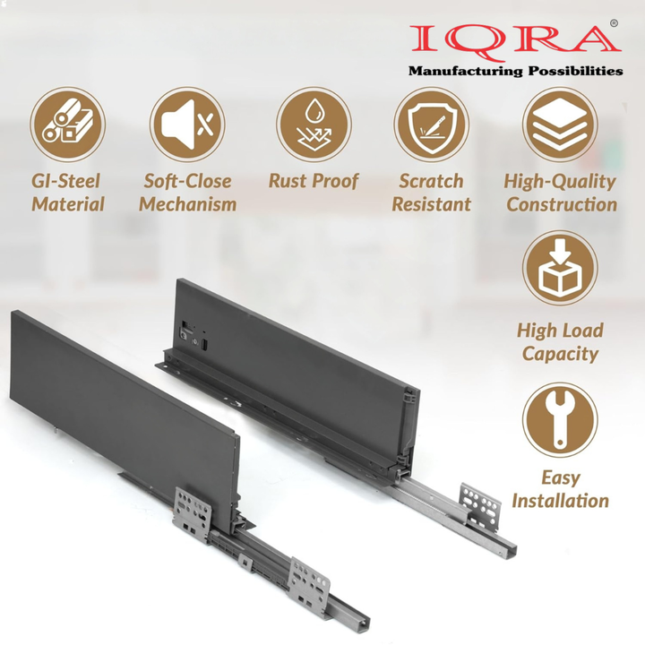 IQRA Soft Close Slim Tandem Drawer Box for Kitchen, innotech Basket for Modular Kitchen/Soft Close Drawer Metal Drawer System with Load Capacity Upto 45 Kg (Grey)