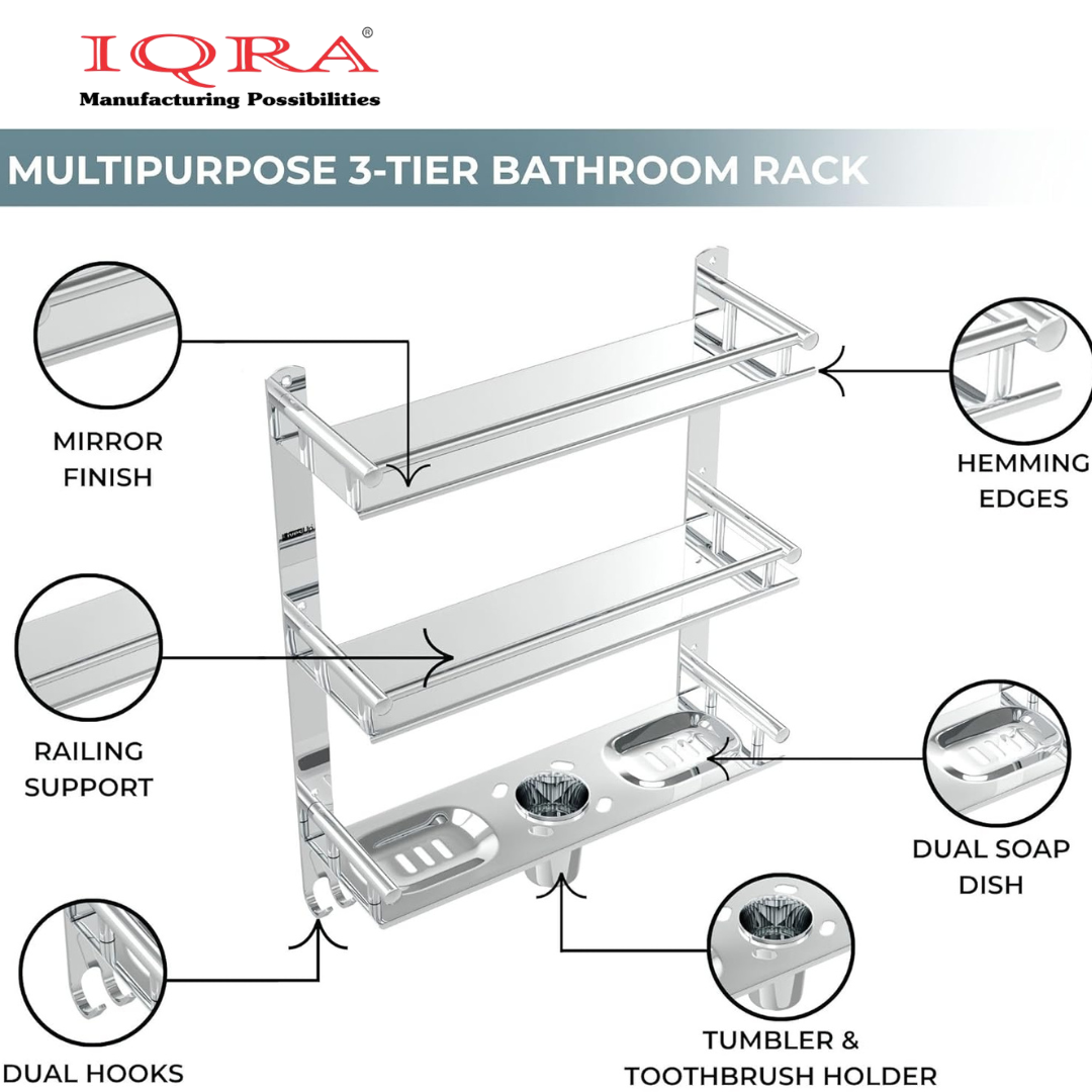 IQRA Stainless Steel 3 Layer/3 Tier Multipurpose Bathroom Shelf/Rack/Organizer/Stand/Holder with Double Soap Dish and Toothbrush Holder Tumbler Bathroom Accessories
