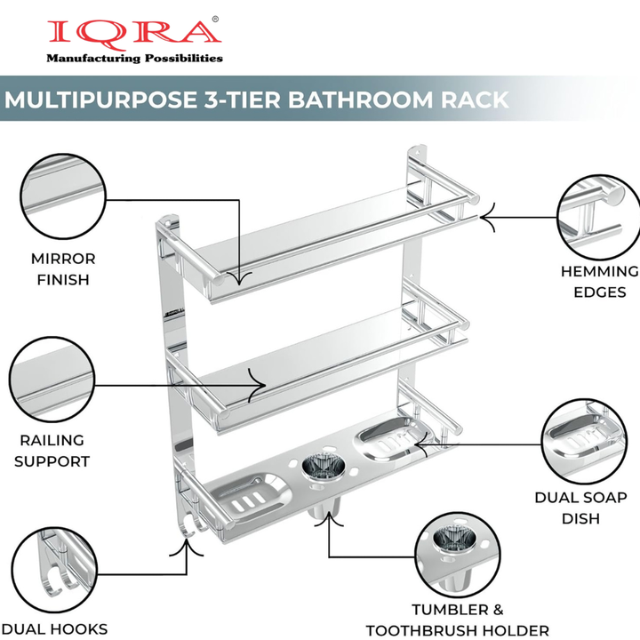 IQRA Stainless Steel 3 Layer/3 Tier Multipurpose Bathroom Shelf/Rack/Organizer/Stand/Holder with Double Soap Dish and Toothbrush Holder Tumbler Bathroom Accessories