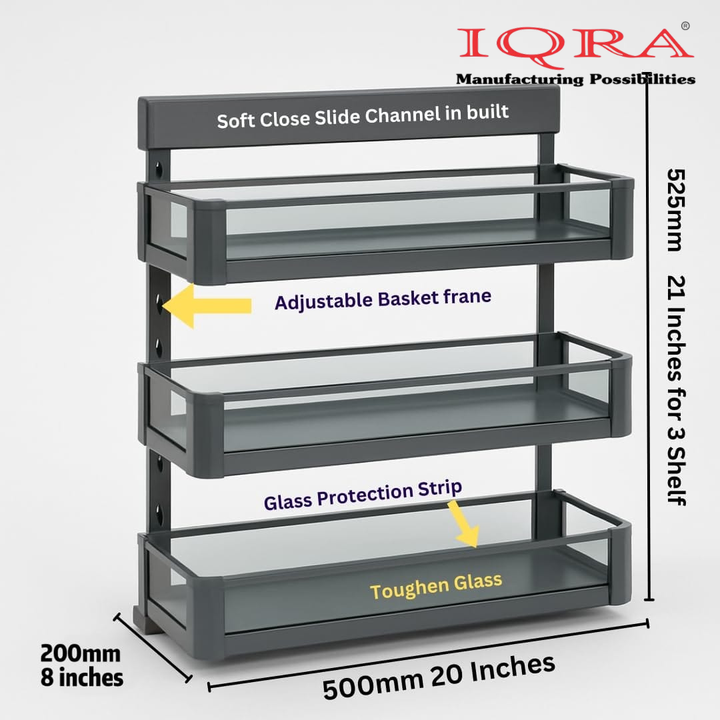 IQRA Kitchen Soft-Closing Shelf Glass Bottle Pullout Unit 2-3 Shelf, Glass-Aluminium