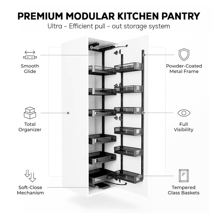 IQRA Pantry Unit Storage System (Cabinet Width 450-600mm 12 Baskets), Rectangular Wire-Glass-Aluminium