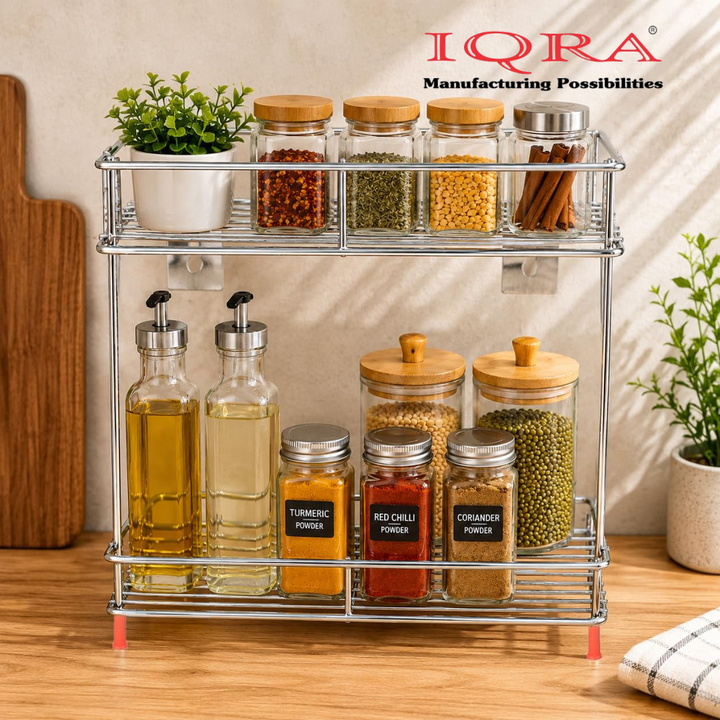IQRA 2 Tier Stainless Steel Kitchen Organizer Rack, Wall Mounted Spice Rack & Countertop Storage Shelf for Kitchen, Bathroom & Pantry, Multipurpose Storage Stand for Jars, Oil Bottles & Utensils