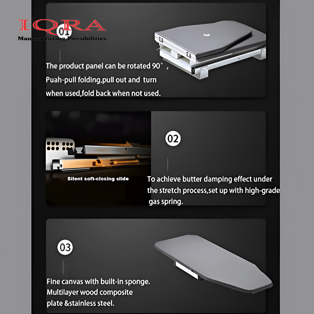 IQRA Metal Ironing Board Space Saver for Modular Wardrobe, Adjustable Closet Pull-Out Stow Away in The Cabinet, Retractable Board,180 Degree Rotation Foldable (39.5L x 43W x 5H INCHES)
