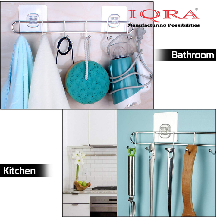 IQRA Stainless Steel Bathroom Wall Hook 6 Hooks Cloth Hanger Bathroom Wall Door Hook Magic Sticker Self Adhesive for Towel Rail Kitchen Hanger Capacity-5 Kg, Silver