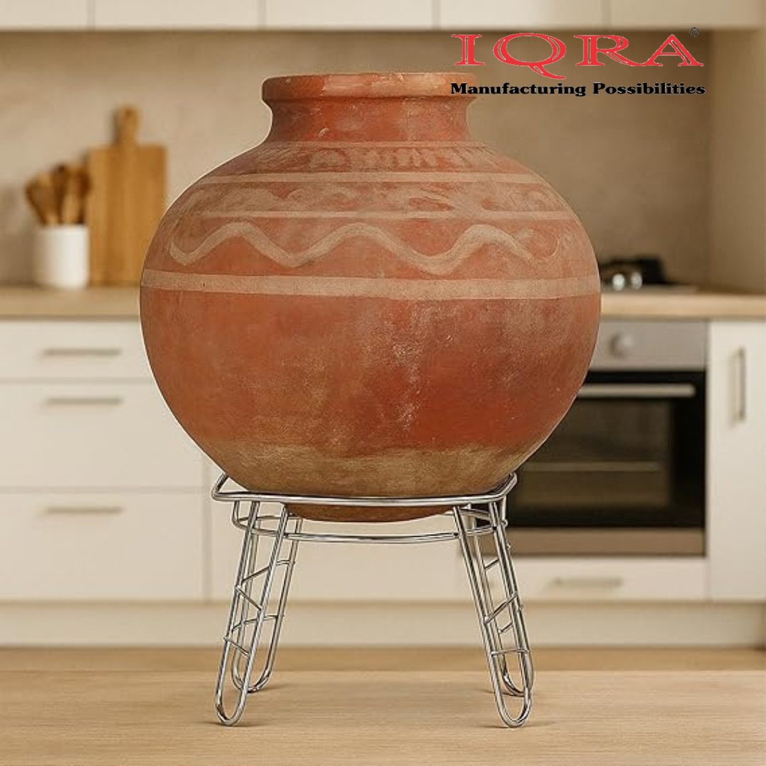 IQRA Round Surface Matka-Plant Stand for Water Pot with Pipe Fitted Drain Water Try | Steel Matka Stand for Kitchen | Water Pot Stand for Kitchen| SIZE: 8 X 8 X 7.5 Inch, (Pot & Glass NOT include)