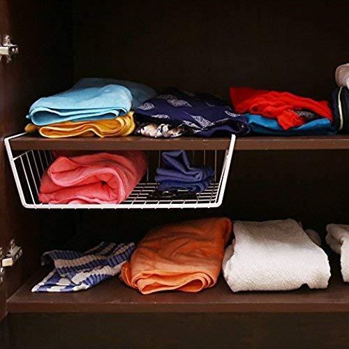 Metal Under Shelf Basket Wire Rack for Extra Cabinet Storage 15.5-inch (White 1pcs),  Hanging Shelves