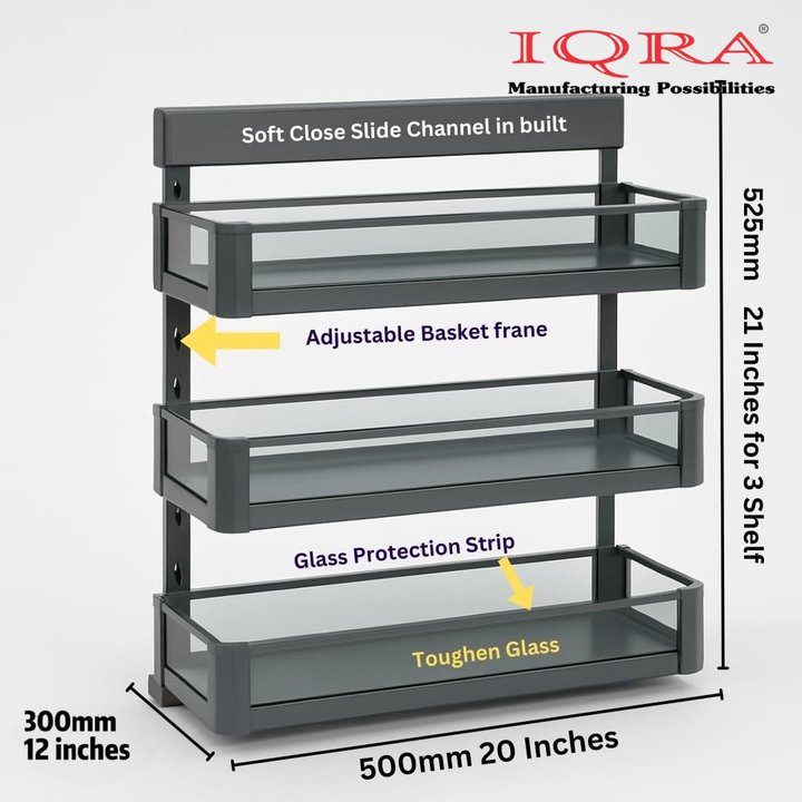 IQRA Kitchen Soft-Closing Shelf Glass Bottle Pullout Unit 2-3 Shelf, Glass-Aluminium