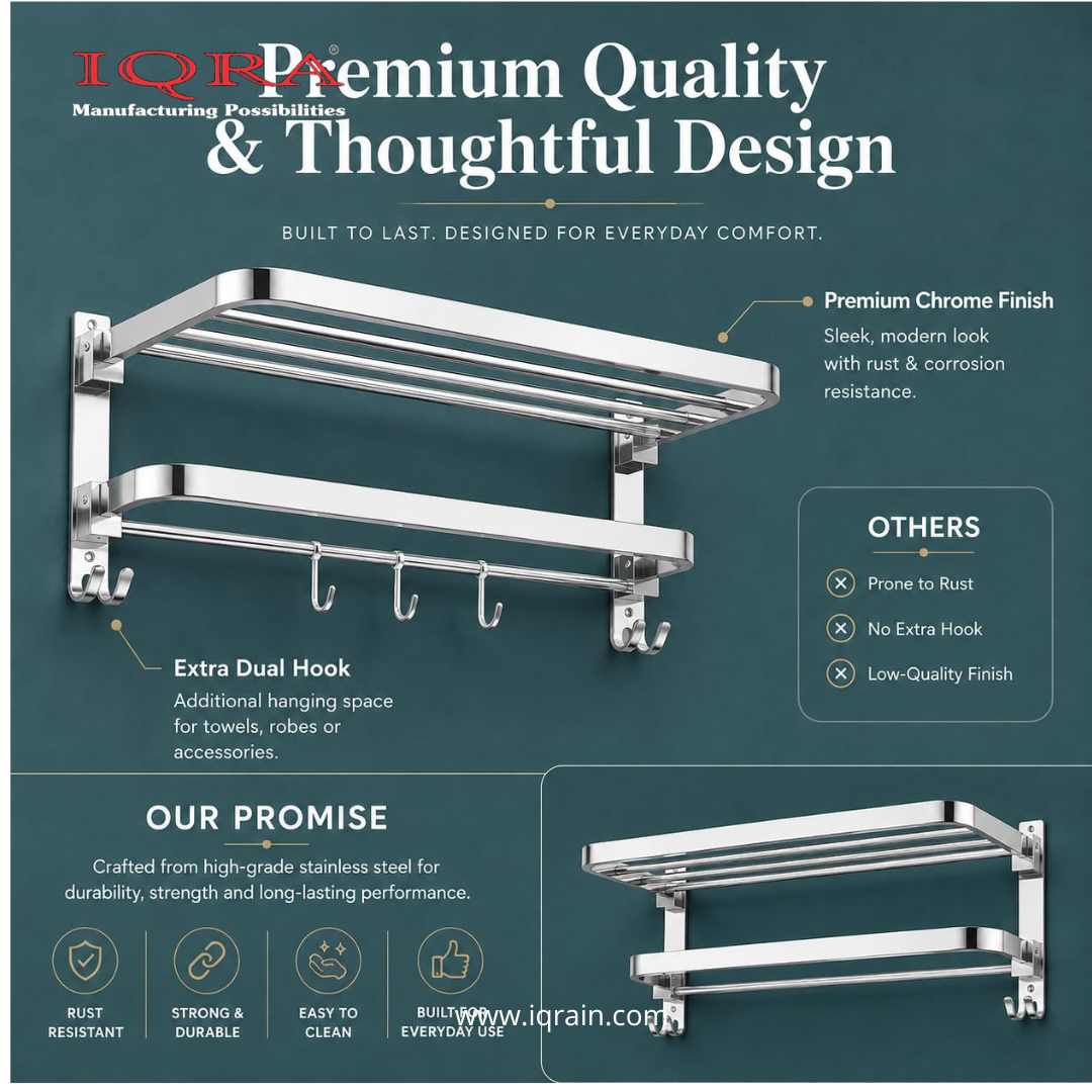 IQRA Stainless Steel Bathroom Accessories Set - Wall Mounted Towel Rod and Hangers for Clothes and Wash Basin