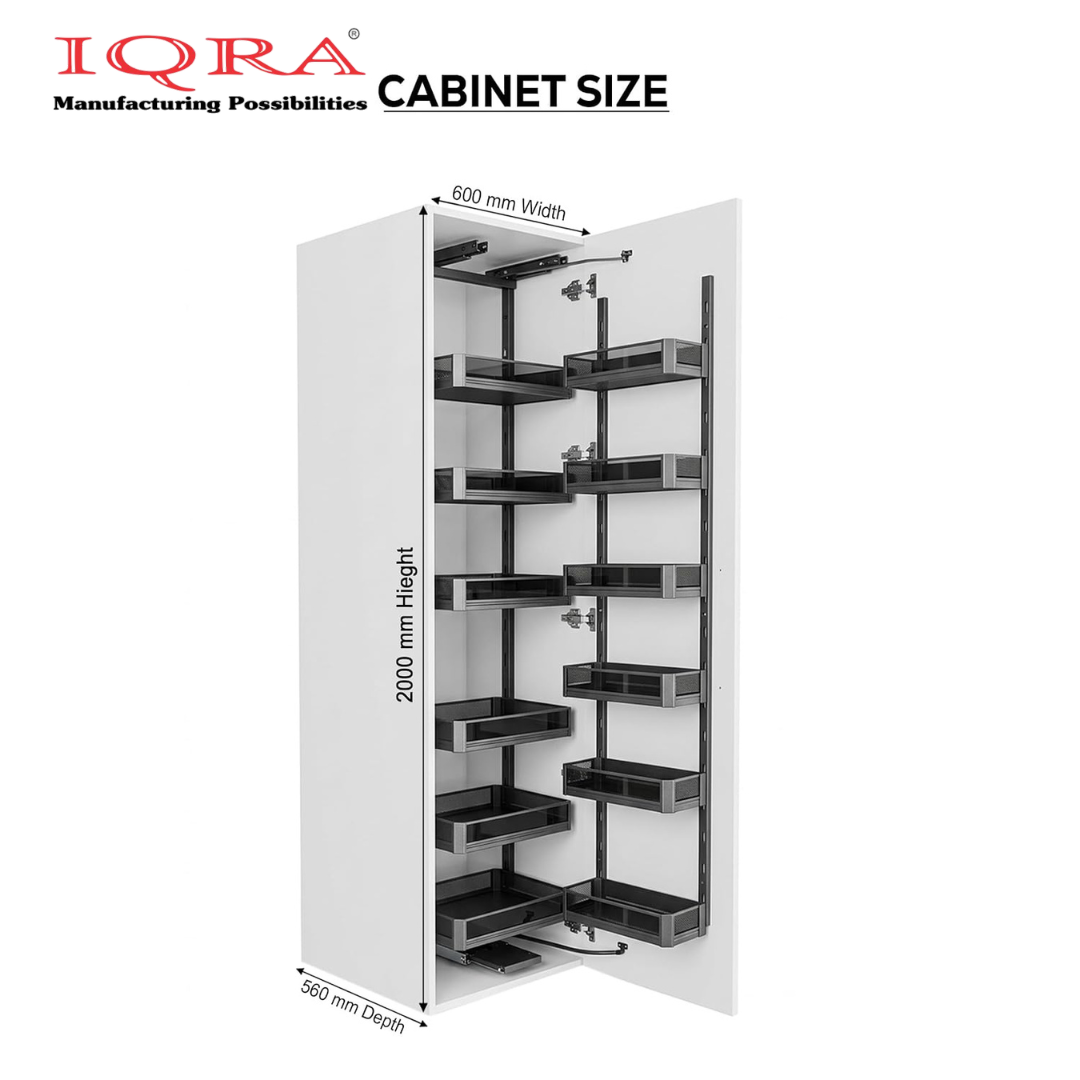 IQRA Pantry Unit Storage System (Cabinet Width 450-600mm 12 Baskets), Rectangular Wire-Glass-Aluminium