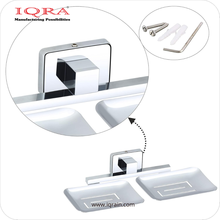 IQRA Stainless Steel Wall Mounted Soap Dish for Bathroom and Kitchen | Rustproof Chrome Finish Soap Holder Case with Drain Holes | Square Modern Soap Stand Bracket (Square