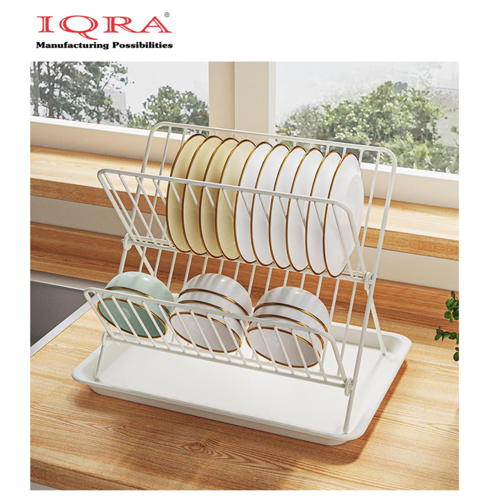 IQRA Stainless Steel 2 Tier Dish Drainer Rack, L X-Shaped Kitchen Shelf with Large Capacity for Kitchen Sink, Countertop, Cutlery, Plates(Silver)
