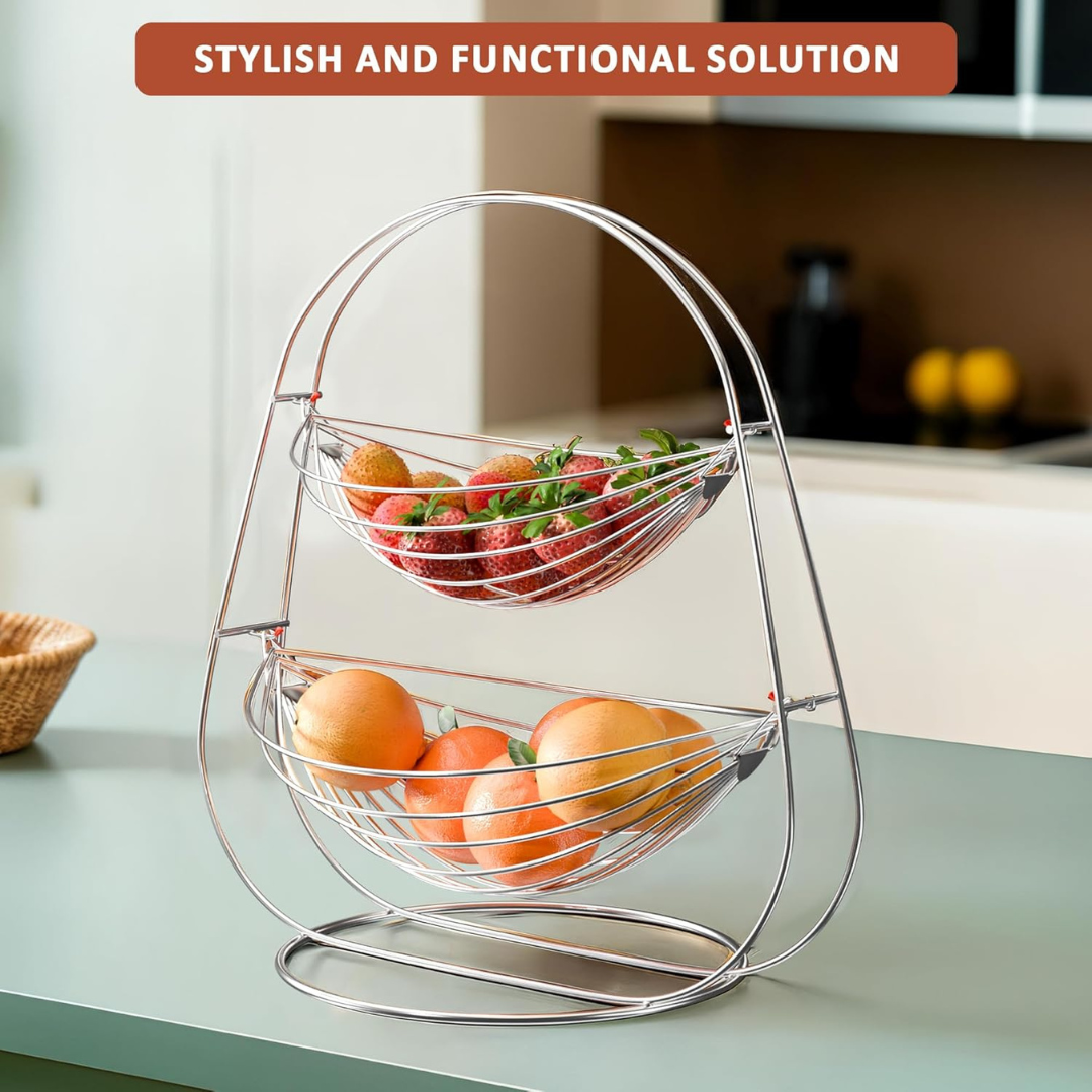 IQRA Stainless Steel 2 Tier Oval Swing Fruit and Vegetable Basket | Countertop Onion Potato Rack for Kitchen/Pantry | Fruit Basket for Dining Table | Vegetable Storage Stand | Silver