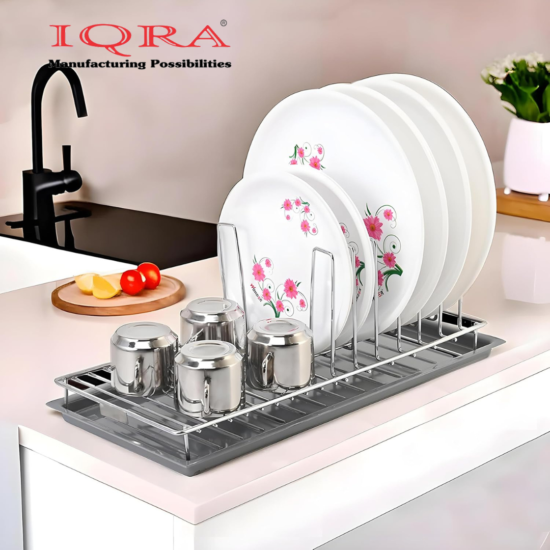 IQRA Stainless Steel Glass & Plate Stand for Kitchen | Crockery Rack Organizer With Draining Tray Included - Silver & White