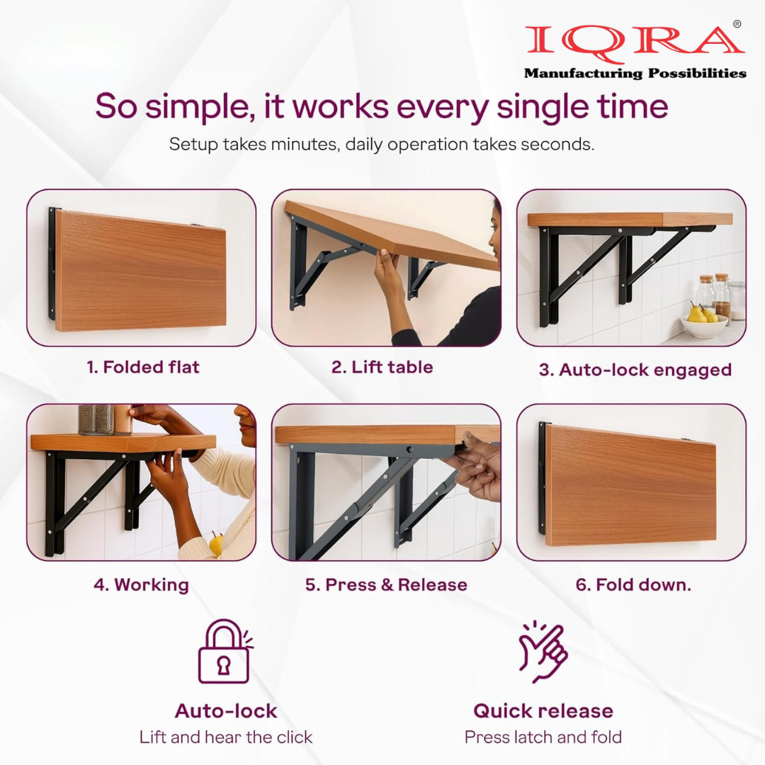 IQRA Wall Mount Folding Table/Shelf Brackets (100kg Capacity, 2 Units) ||Steel Fold-Down Bracket for Wall Mounted Tables, Desk with 1 Year Warranty