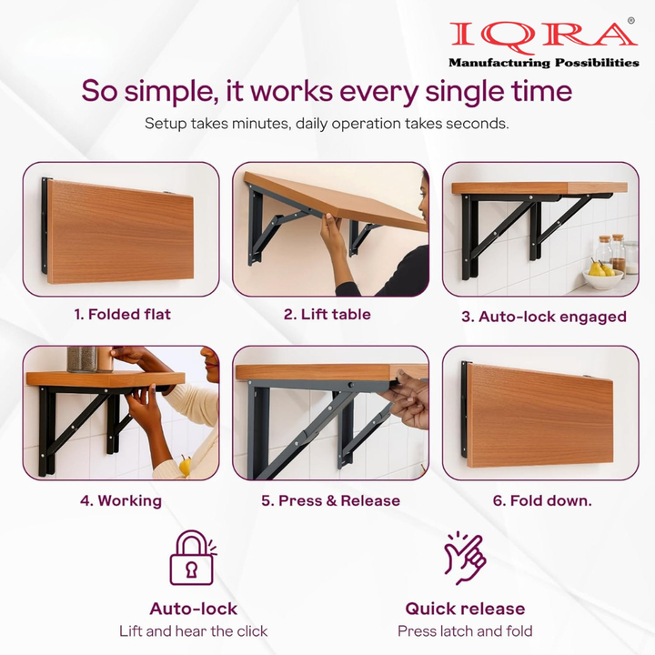 IQRA Wall Mount Folding Table/Shelf Brackets (100kg Capacity, 2 Units) ||Steel Fold-Down Bracket for Wall Mounted Tables, Desk with 1 Year Warranty