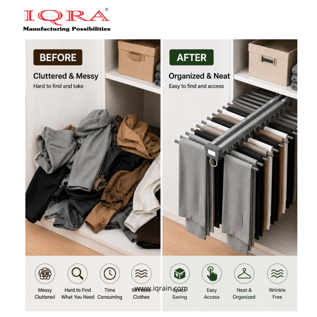 IQRA Grey 18inch Double Side Sliding Pull Out Pants Hangers Rack for Closet Wardrobe & Cabinet - Steel 10 Arm Wide Rows Trousers Pants Hanger,Space Saving Organizer, Clothe Hanger,Multipurpose Hanger(Brown-Pack of 1)