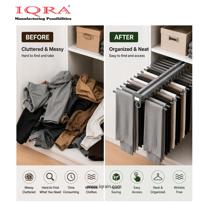 IQRA Grey 18inch Double Side Sliding Pull Out Pants Hangers Rack for Closet Wardrobe & Cabinet - Steel 10 Arm Wide Rows Trousers Pants Hanger,Space Saving Organizer, Clothe Hanger,Multipurpose Hanger(Brown-Pack of 1)