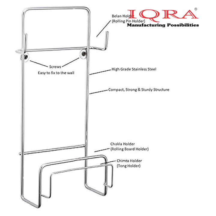IQRA Stainless Steel Countertop-Wall Mounted Chakla Belan and Tawa Stand for kitchen, Tawa Chimta Stand 4 in 1 Chakla Belan Stand for Kitchen,