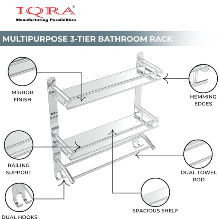IQRA Stainless Steel 3 Layer/3 Tier Multipurpose Bathroom Shelf/Rack/Organizer/Stand/Holder with Double Soap Dish and Toothbrush Holder Tumbler Bathroom Accessories