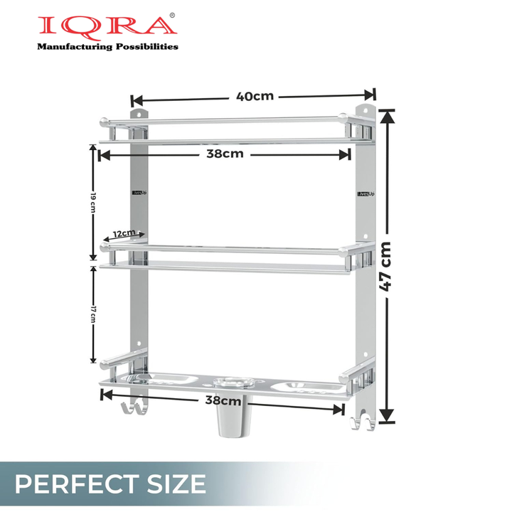 IQRA Stainless Steel 3 Layer/3 Tier Multipurpose Bathroom Shelf/Rack/Organizer/Stand/Holder with Double Soap Dish and Toothbrush Holder Tumbler Bathroom Accessories