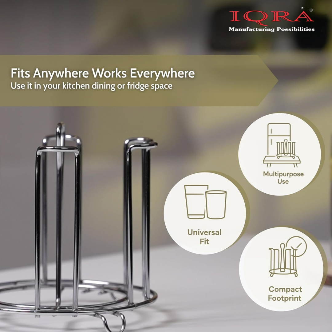 IQRA Stainless Steel Glass Holder for 6 Glasses, Glass Stand Steel for Dining Table/Kitchen, Tumbler Holder, Pull-Out Countertop Shelves Heavy Duty - SILVER