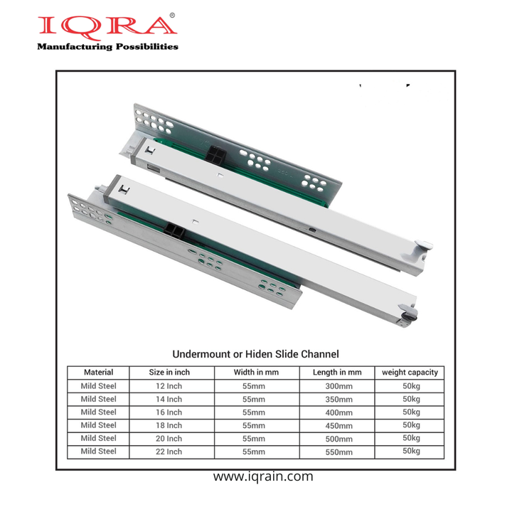 IQRA Undermount Drawer Slide Runner Bottom Quadro Channel, Silent Soft Closing Hydraulic with Locking Device (Capacity: 40 kg)