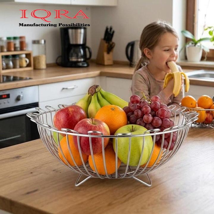 IQRA Stainless Steel Fruit Basket for Dining Table/Onion Potato Rack for Kitchen/Wired Fruit Bowl for Countertop Storage – Chrome Finish