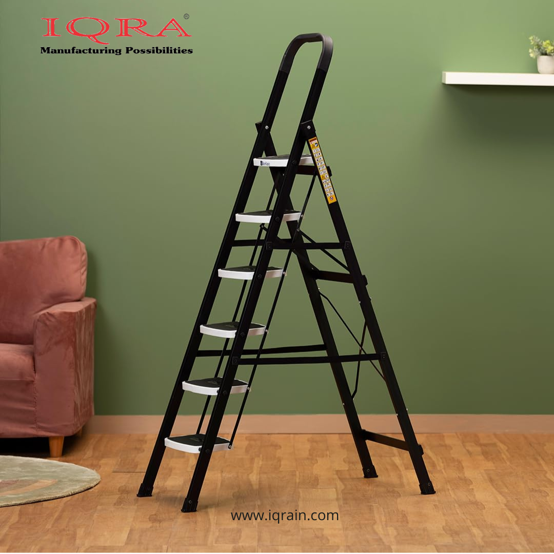 Ladder for Home-Office-Showroom Foldable Ladder with Anti-Skid Wide Steps (30L x 20W cm)/Strong D-Shape Pipe with X-Support for More Stability/5 Year Warranty(Black)