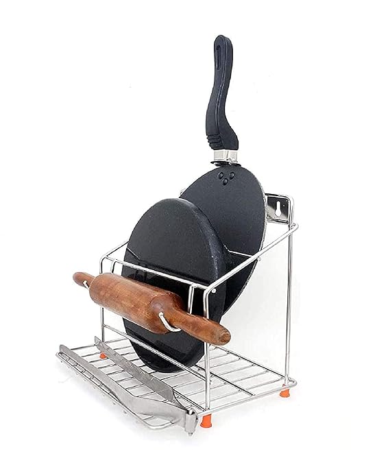 IQRA Stainless Steel Chakla Belan and Tawa Stand for kitchen, Tawa Chimta Stand 4 in 1 Chakla Belan Stand for Kitchen, Rolling Pin Board Holder Wall Stand (Only Stand, Floating Shelves)