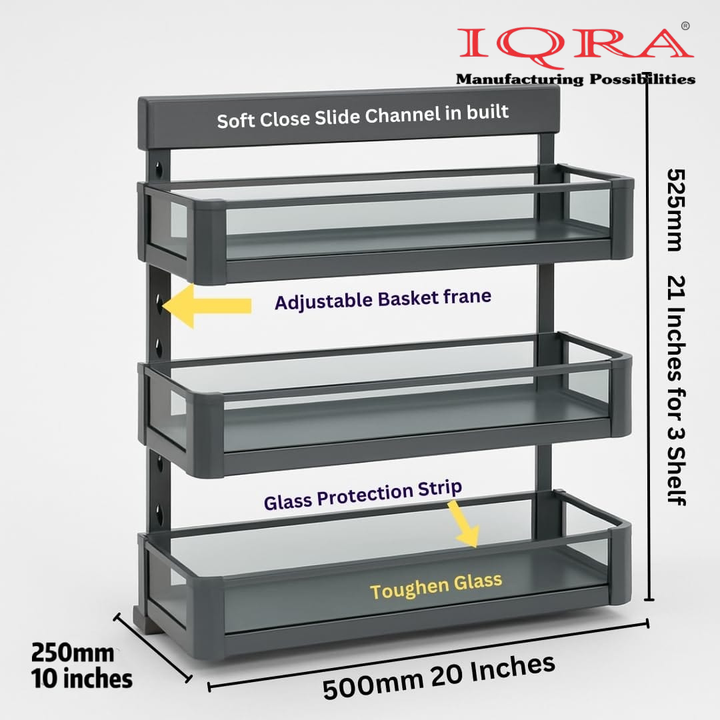 IQRA Kitchen Soft-Closing Shelf Glass Bottle Pullout Unit 2-3 Shelf, Glass-Aluminium
