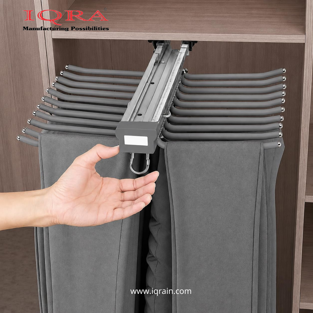 IQRA Grey 18inch Double Side Sliding Pull Out Pants Hangers Rack for Closet Wardrobe & Cabinet - Steel 10 Arm Wide Rows Trousers Pants Hanger,Space Saving Organizer, Clothe Hanger,Multipurpose Hanger(Brown-Pack of 1)