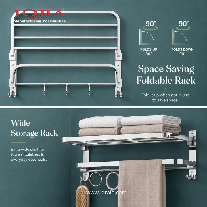 IQRA Stainless Steel Bathroom Accessories Set - Wall Mounted Towel Rod and Hangers for Clothes and Wash Basin