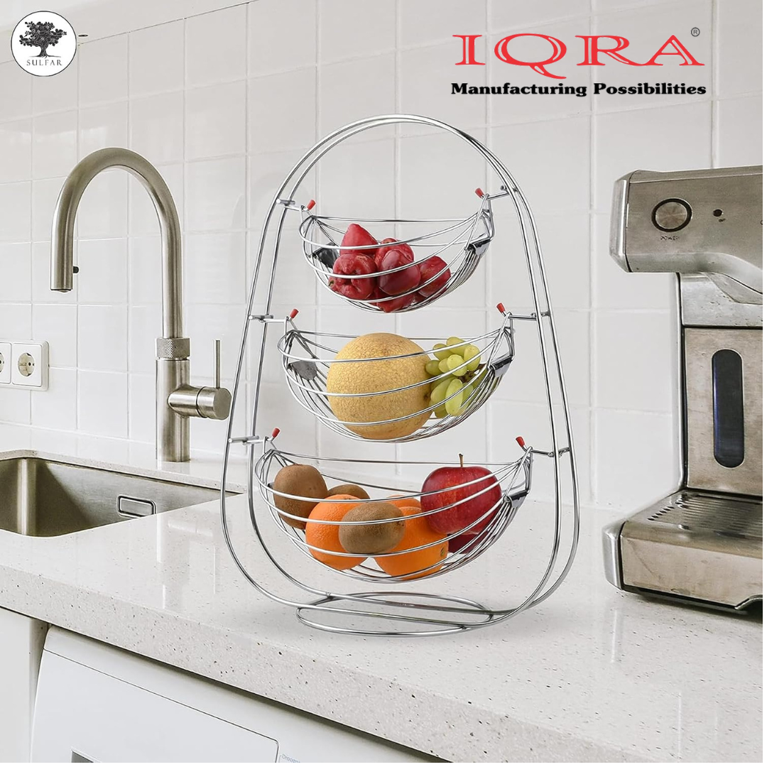 IQRA Stainless Steel 2 Tier Oval Swing Fruit and Vegetable Basket | Countertop Onion Potato Rack for Kitchen/Pantry | Fruit Basket for Dining Table | Vegetable Storage Stand | Silver