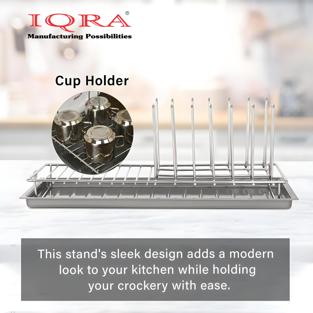 IQRA Stainless Steel Glass & Plate Stand for Kitchen | Crockery Rack Organizer With Draining Tray Included - Silver & White