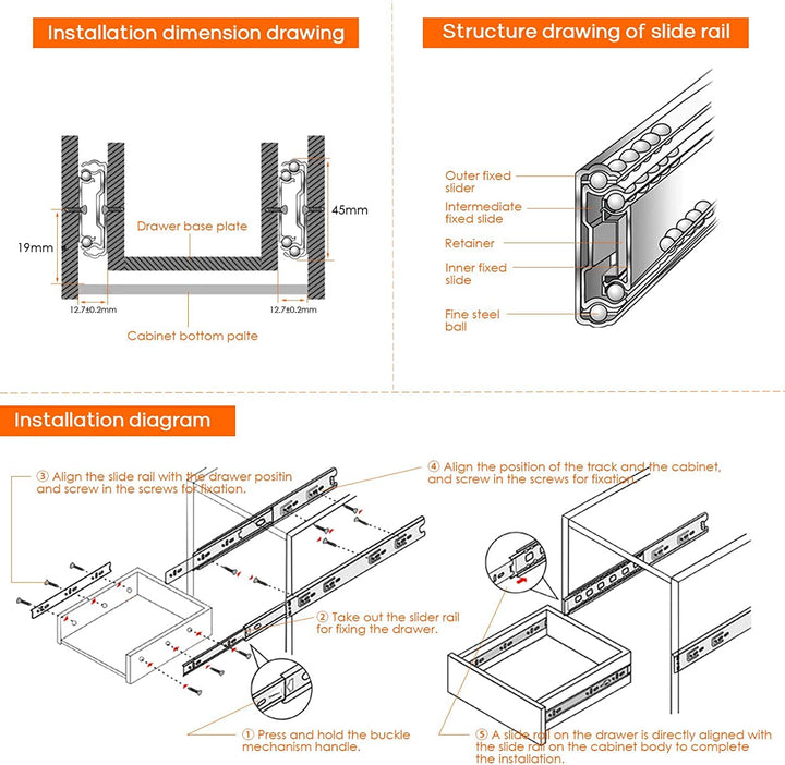 IQRA Black Drawer Channel/Regular Smooth Close Ball Bearing Slider Drawer Channel for Home, Kitchen & Wardrobe/Telescopic Channel for Drawer/for Wooden & Metals Drawers