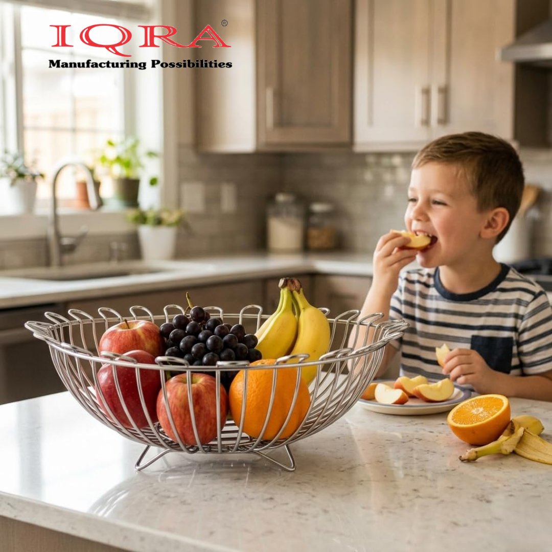 IQRA Stainless Steel Fruit Basket for Dining Table/Onion Potato Rack for Kitchen/Wired Fruit Bowl for Countertop Storage – Chrome Finish