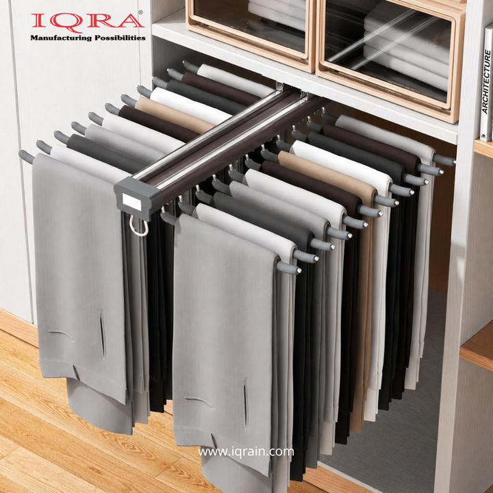 IQRA Grey 18inch Double Side Sliding Pull Out Pants Hangers Rack for Closet Wardrobe & Cabinet - Steel 10 Arm Wide Rows Trousers Pants Hanger,Space Saving Organizer, Clothe Hanger,Multipurpose Hanger(Brown-Pack of 1)