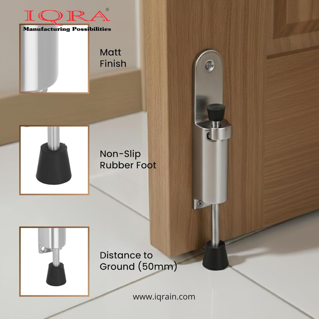 IQRA Extendable Zinc Heavy Door Stopper for Home & Office, Coil Spring System with Rubber tip, Hassle-Free Installation, 3 Years Warranty (Matt Finish, Pack of 1)