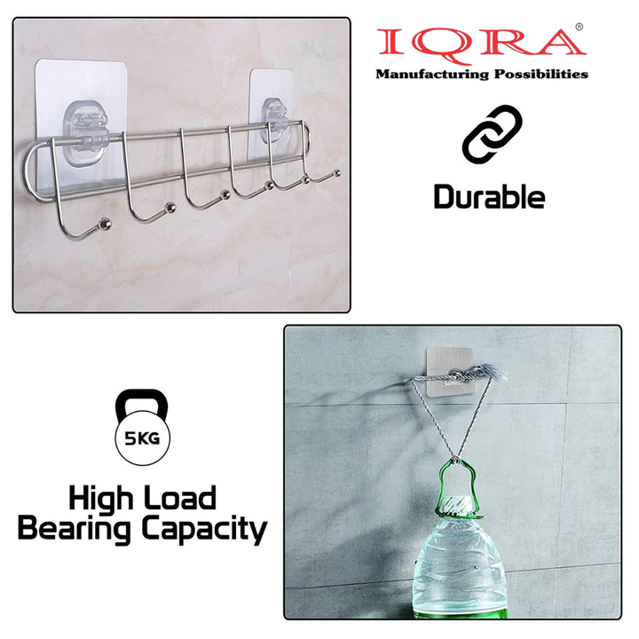 IQRA Stainless Steel Bathroom Wall Hook 6 Hooks Cloth Hanger Bathroom Wall Door Hook Magic Sticker Self Adhesive for Towel Rail Kitchen Hanger Capacity-5 Kg, Silver
