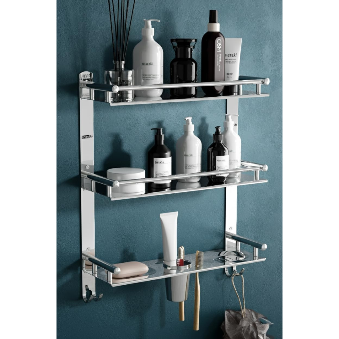 IQRA Stainless Steel 3 Layer/3 Tier Multipurpose Bathroom Shelf/Rack/Organizer/Stand/Holder with Double Soap Dish and Toothbrush Holder Tumbler Bathroom Accessories