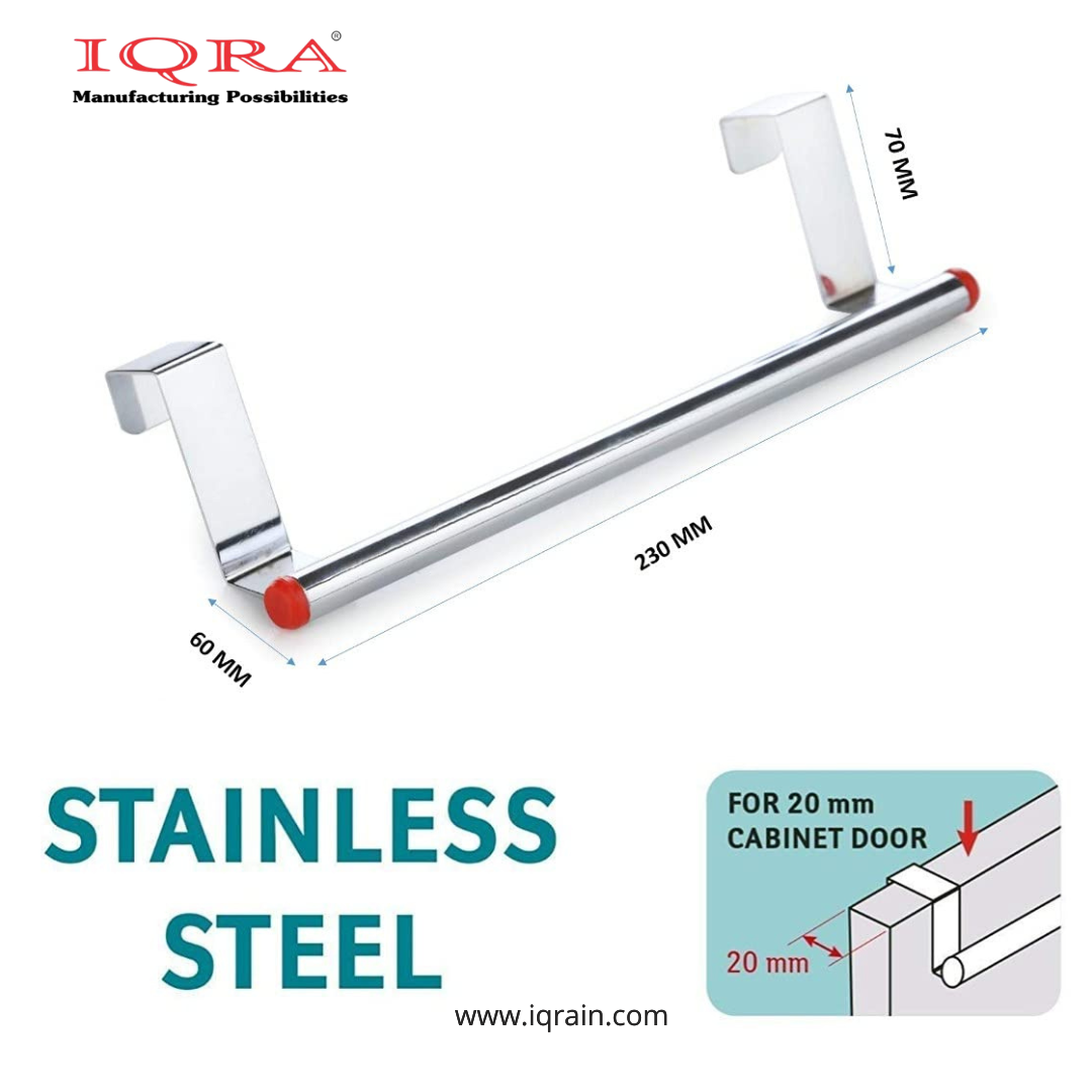 IQRA Over Cabinet Door Kitchen Towel Holder, Stainless Steel Towel Holder, Cabinet Hanger, Towel Bar (Length : 23 cm) (Silver-Red, Pack of 1)