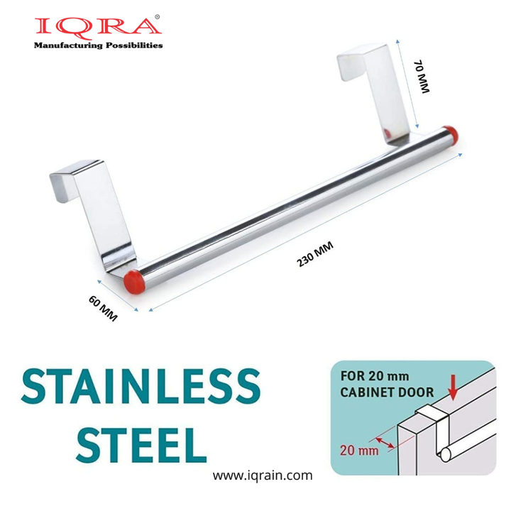 IQRA Over Cabinet Door Kitchen Towel Holder, Stainless Steel Towel Holder, Cabinet Hanger, Towel Bar (Length : 23 cm) (Silver-Red, Pack of 1)