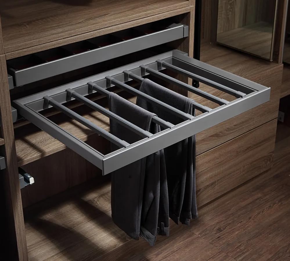 IQRA Grey Pants Hanger Bar Aluminum Alloy Pull Out Trousers Rack Clothes Organizers, Front End Metal Panel, Pulled Out Quietly and Completely
